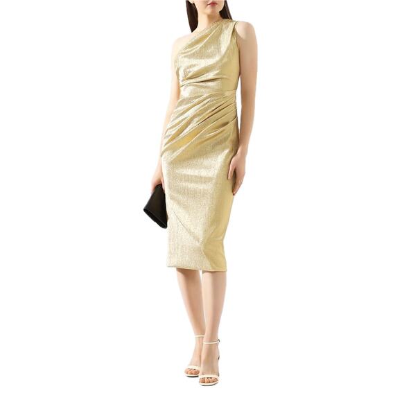 NWT DOLCE & GABBANA One-shoulder Metallic Silk blend Midi Dress Gold 40 S - Picture 3 of 10